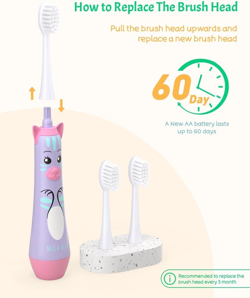 NELLWELL Kids Electric Toothbrush, 2-Min Timer, 3 Modes with Memory, IPX 7 Waterproof, Battery Powered Kids Toothbrush with 3 Soft Bristles Heads for Children Boys and Girls Ages 3+ - Image 4